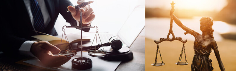 Business and lawyers discussing contract papers with brass scale on desk in office. Law, legal services, advice, justice and law concept picture with film grain effect