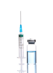 Vaccine bottle with blue liquid and syringe isolated on white background with reflection