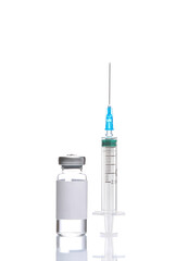 Vaccine bottle with white blank label and syringe isolated on white background with reflection