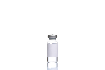 Vaccine bottle with white blank label isolated on white background with reflection