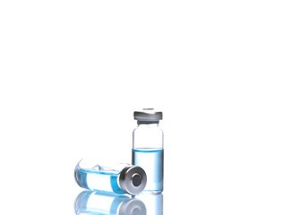 Vaccine bottles with blue liquid isolated on white background with reflection