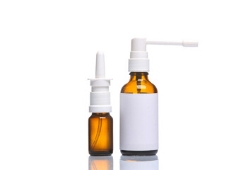 Throat spray mockup with blank white label for branding and nasal spray isolated on white background with reflection