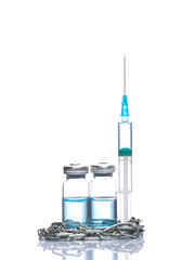 Vaccine bottles with syringe wrapped with steel chain isolated on white background with reflection
