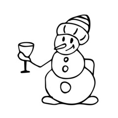 A snowman with a glass of champagne on a white background is isolated. Doodle illustration can be used for seasonal design for Christmas and New Year
