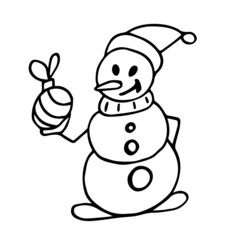 A snowman holds a Christmas ball in his hands. Doodle illustration can be used in seasonal design for Christmas and New year