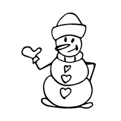 The snowman in gloves is smiling. Doodle illustration of a snowman can be used for seasonal design for New year and Christmas.
