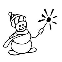 Doodle snowman with a burning sparkler in his hand. The illustration can be used for design for New Year and Christmas.