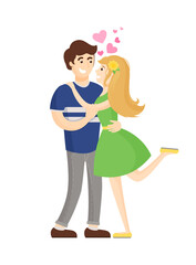 Boy and girl hugging with hearts showing love and passion, vector illustration isolated on white background, girlfriend in green dress rise leg up