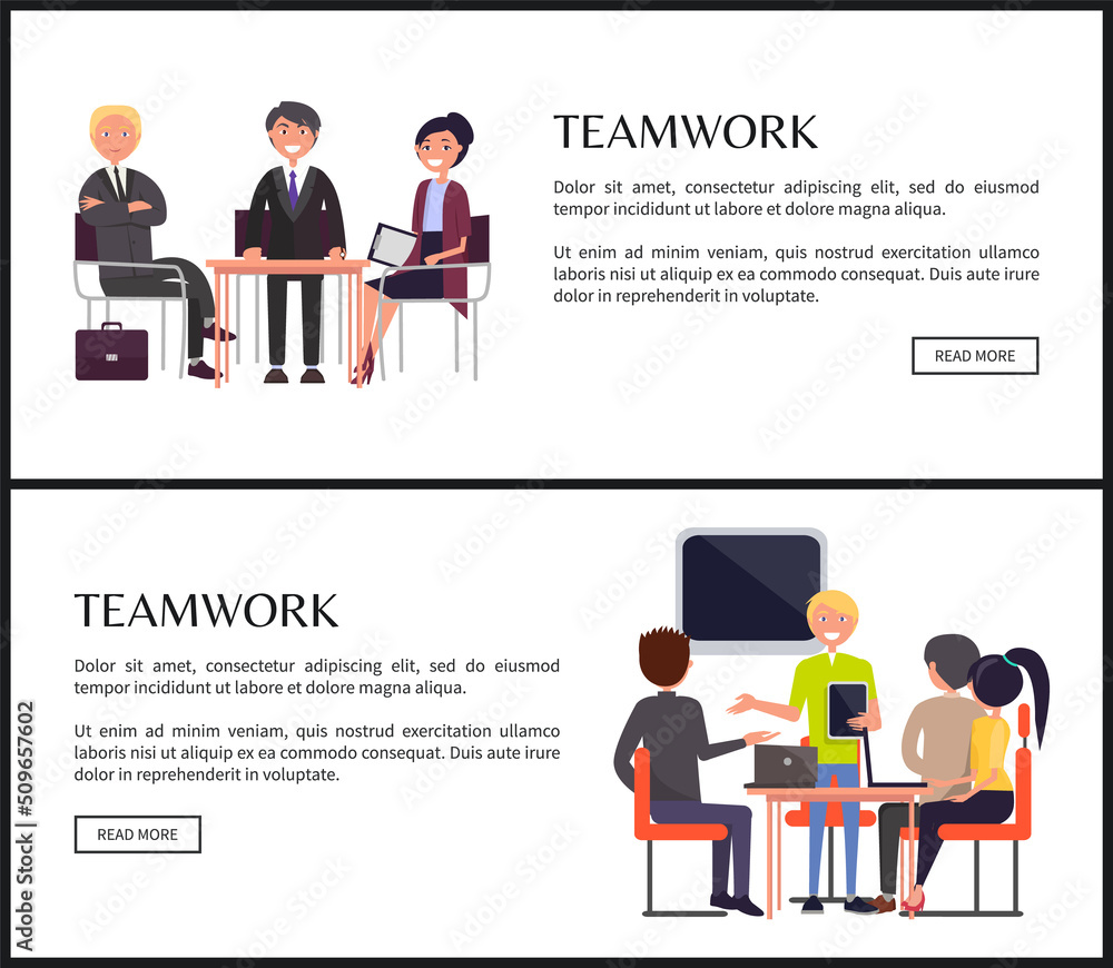 Poster teamwork promo internet banners with office staff. employees at table discuss work problems and proj