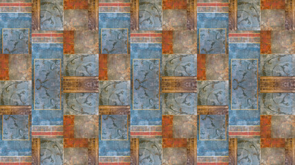 Old orange blue rusty vintage worn geometric arabesque shabby mosaic ornate patchwork motif...
