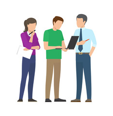 Team works on new startup with laptop and papers. Woman and men develop business project. Productive teamwork projects isolated vector illustration.