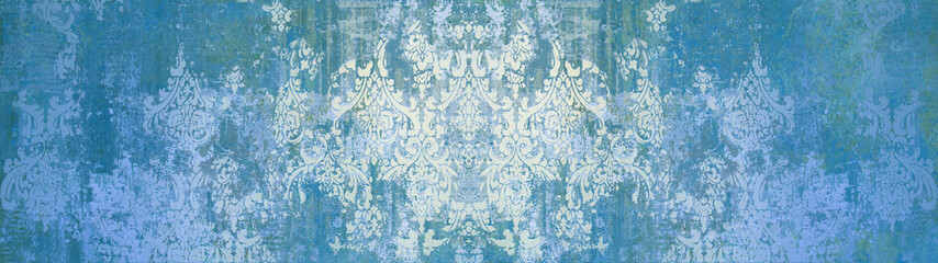 Old blue white arabesque vintage worn geometric shabby mosaic ornate patchwork motif porcelain...