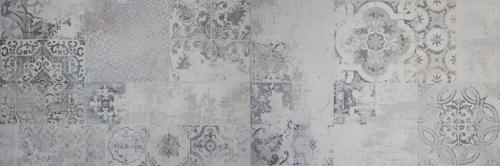 Old gray grey vintage worn geometric shabby mosaic ornate patchwork motif porcelain stoneware tiles...
