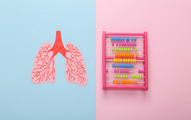 Paper cut anatomical human lungs with abacus on a blue-pink pastel background. Statistics of lung...