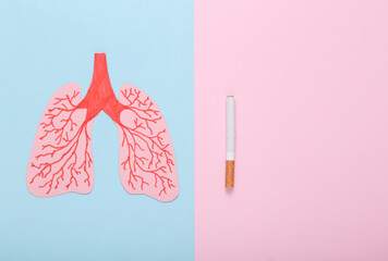 Harm of smoking on lung health concept. Anatomical lungs and a cigarette on a blue-pink pastel...