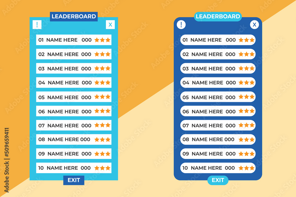 Poster game leaderboard set with abstract background game users interface design with blue and yellow color