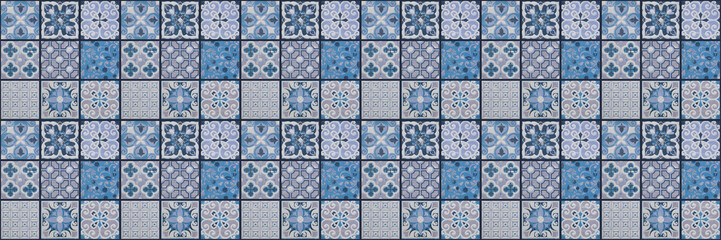 Old seamless blue vintage worn geometric shabby mosaic ornate patchwork motif porcelain stoneware tiles, square mosaic stone concrete cement tile mirror wall texture background banner panorama..