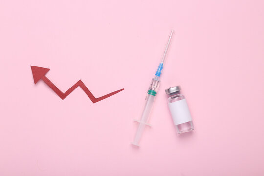 vaccination statistics. Vaccine bottle with syringe and growth arrow on pink background