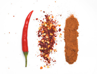 Raw, mince and powder Chili pepper isolated on white background