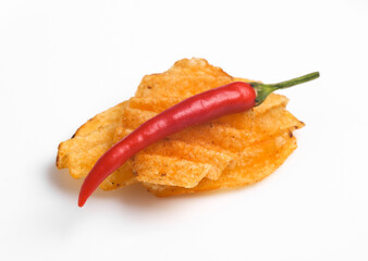 Potato chip with chili paper isolated on white background