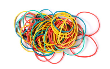Colorful rubber bands pile isolated on white, top view