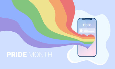 Pride Month flat vector illustration smartphone,heart and abstract flag in Lgbt rainbow colors