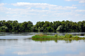 A river and an island in Ukraine that has been flooded by water. Grass and trees grow on it. 