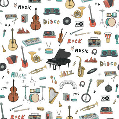 Musical instruments vector seamless pattern