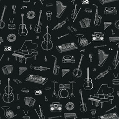 Musical instruments vector seamless pattern
