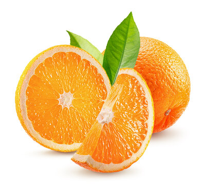 oranges with leaves isolated on a white background