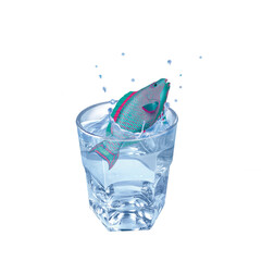 perroquet, poisson, évasion, eau, en verre, boire, isolé, liquide, clapoter, froid, blanc, abattre, frais, bleu, éclaboussure, verser, bouillonner, sain, clair, transparent, fraîcheur, humide, glace