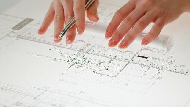 Plan blueprint close-up. Architect designer drawing scheme, professional engineer working, interior creator making architectural house project, drafting building. 