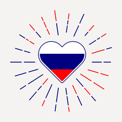 Russia heart with flag of the country. Sunburst around Russia heart sign. Vector illustration.
