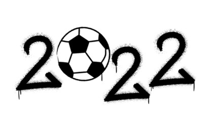 World football championship in Qatar 2022. Graffiti 2022 text and ball with splash effects and drops in  black on white background.  Urban street graffiti style. Vector Illustration 