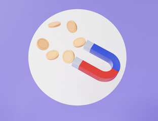Magnetic with coins, profit income concept. business financial marketing attention floating on purple pastel background. saving investment monney. 3d render illustration
