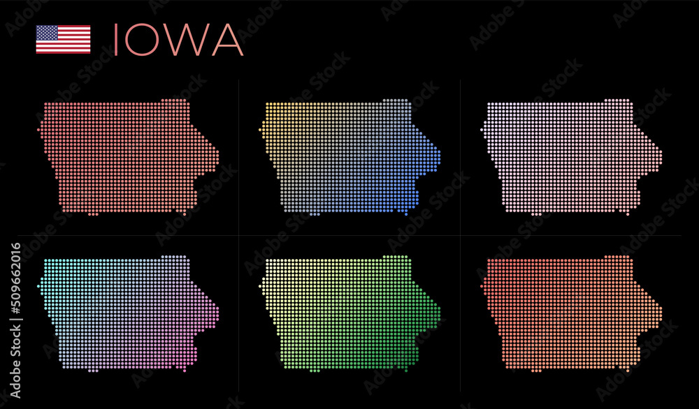 Poster iowa dotted map set. map of iowa in dotted style. borders of the us state filled with beautiful smoo