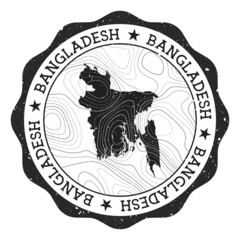 Bangladesh outdoor stamp. Round sticker with map of country with topographic isolines. Vector illustration. Can be used as insignia, logotype, label, sticker or badge of the Bangladesh.