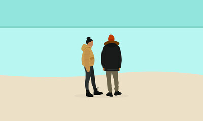 Male character and female character in jackets are standing on the beach