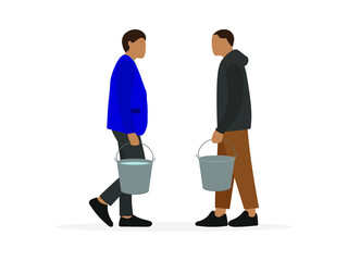 A male character with a full bucket of water and a male character with an empty bucket are standing together on a white background