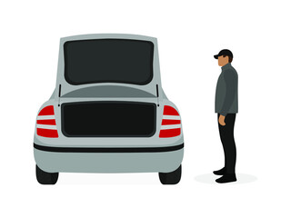 A male character is standing near a car with an open trunk on a white background