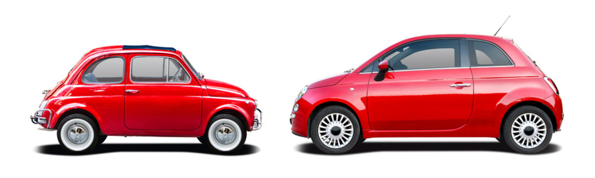 Fiat new 500 & Fiat 500 classic car, side view isolated on white background, 13 September 2015, Thessaloniki, Greece