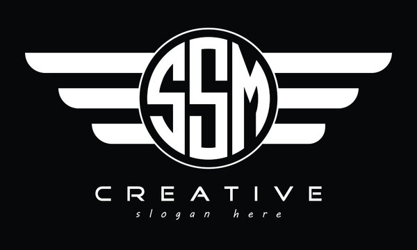 SSM three letter initial letter logo in circle with wings vector template.