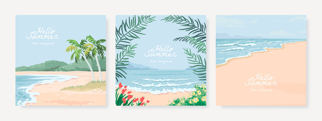Set of vector square landscape background. Beautiful illustration of sandy summer beach. Summer holidays card, poster or banner design template - obrazy, fototapety, plakaty