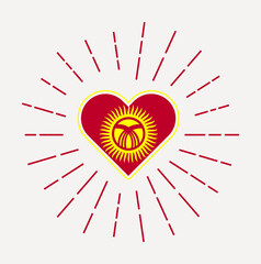 Kyrgyzstan heart with the flag of the country. Sunburst around the Kyrgyzstan heart sign. Vector illustration.
