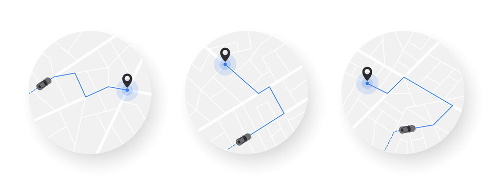 Car route on the map. Traveling by car. Distance tracking. Vector illustration