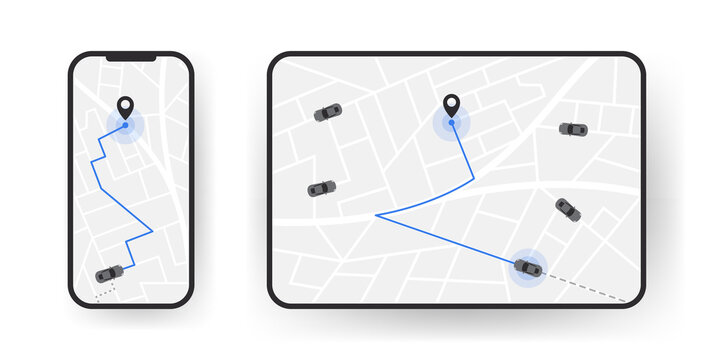 The route of the car on the device map. Traveling by car. Distance tracking. Vector illustration