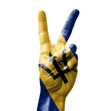 Hand making the V victory sign with flag of barbados