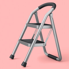 High folding ladder with steps for garden and repair work on pink background.