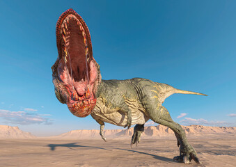 tyrannosaurus attack on sunset desert side view