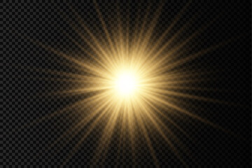 Glow bright light star, yellow sun rays, sunshine.